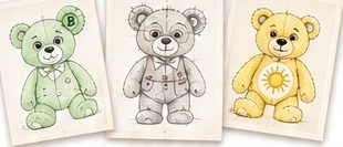 Three early Emotibear design sketches on aged paper: a green bear marked with a B, a grey bear in dungarees, and a yellow bear with a sun on its tummy.