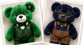 Two of the first Emotibear prototype plushies: a green knitted bear in a waistcoat and bow tie, and a navy knitted bear with round glasses and tartan dungarees.