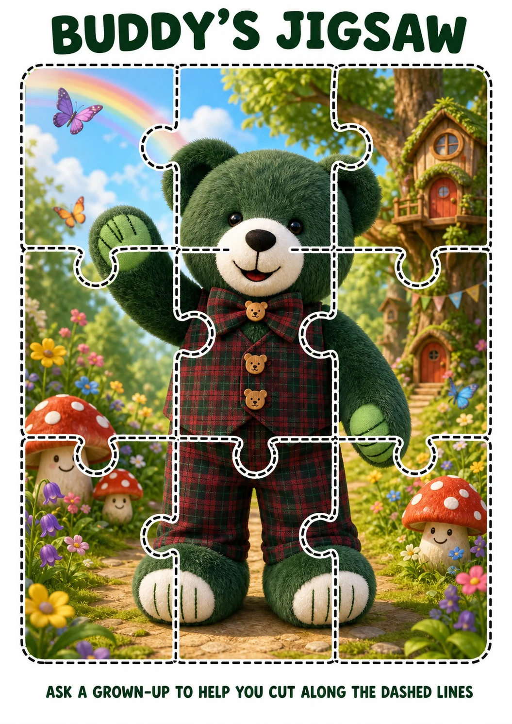 Buddy’s printable jigsaw: Buddy waving outside his treehouse cottage, with dashed cut lines marking nine jigsaw pieces.