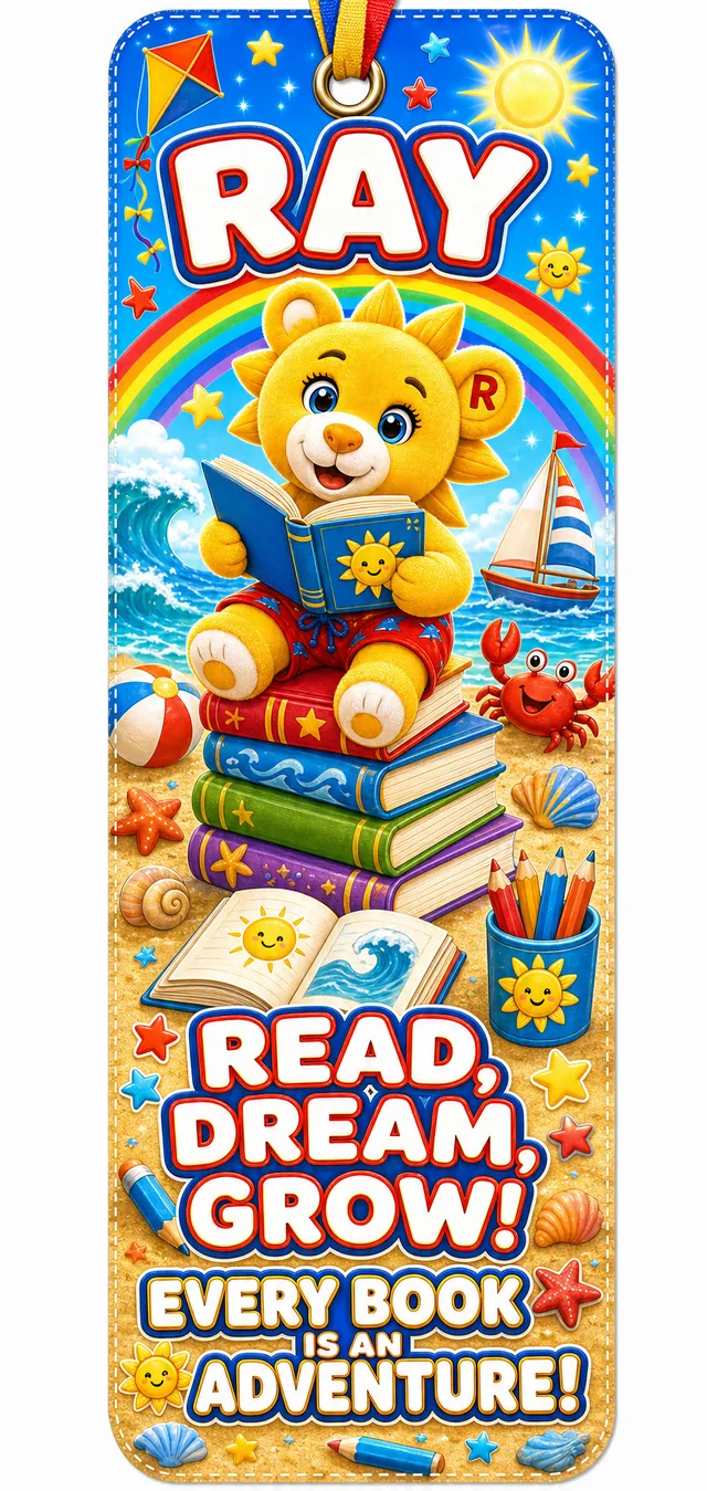 Ray's full-colour bookmark: Ray reading on a pile of books at the beach. Read, Dream, Grow! Every book is an adventure!