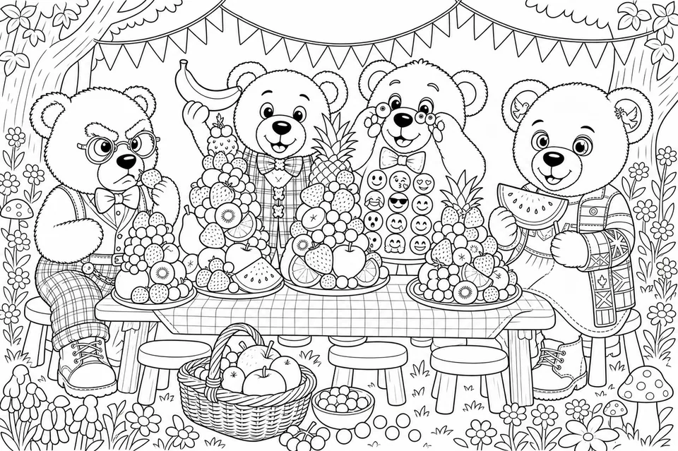 Colouring sheet: four bears at a woodland picnic table piled high with fruit, under bunting.
