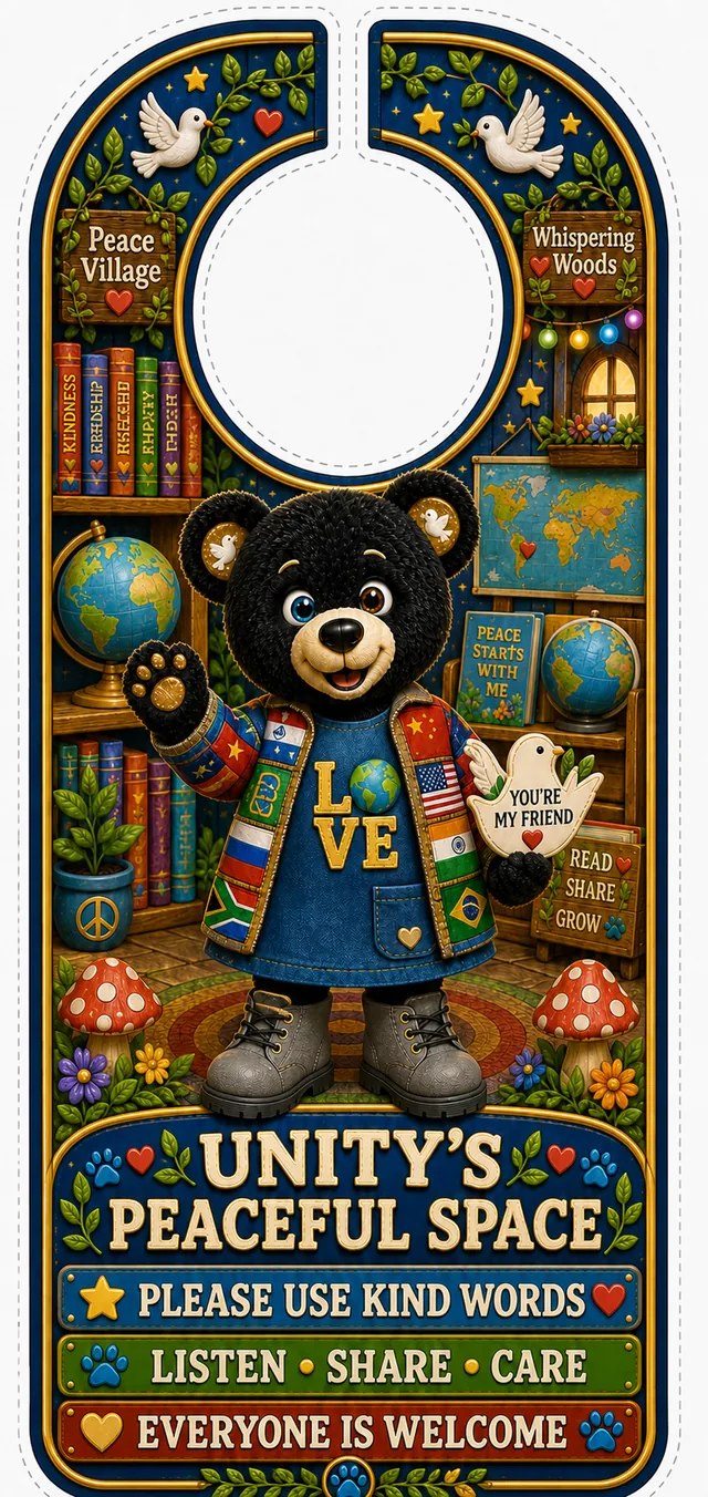 Unity's door hanger: Unity waving in a cosy library. Unity's Peaceful Space - Please use kind words - Listen, share, care - Everyone is welcome.
