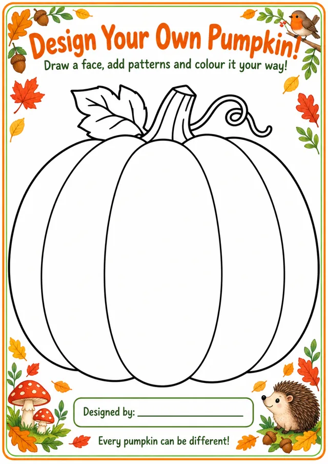 A blank pumpkin outline to draw a face on, add patterns and colour your way, with a space for Designed by.