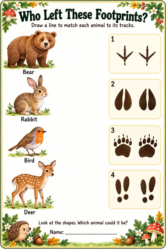 Match each animal - a bear, a rabbit, a bird and a deer - to its four sets of footprints.