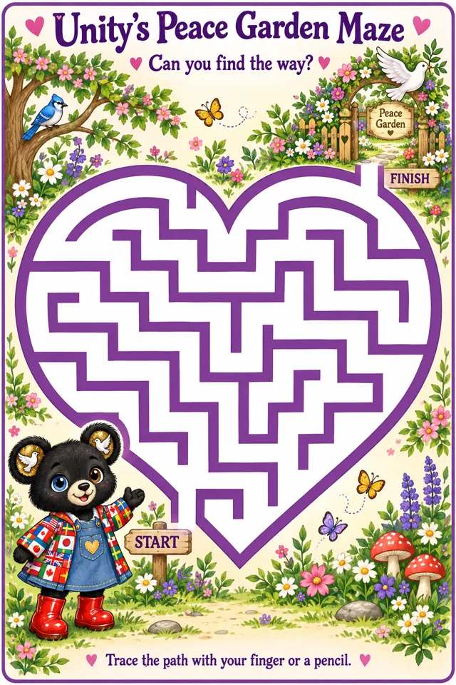 A heart-shaped maze. Help Unity find the way from Start to the Peace Garden gate.