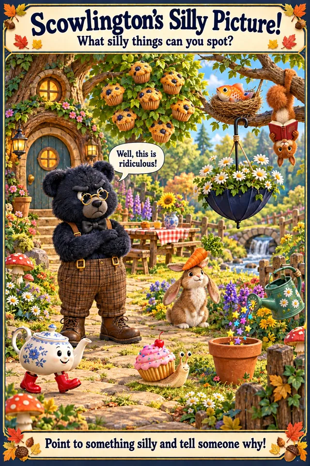 Scowlington in a garden full of silly things, saying Well, this is ridiculous! Point to something silly and tell someone why.
