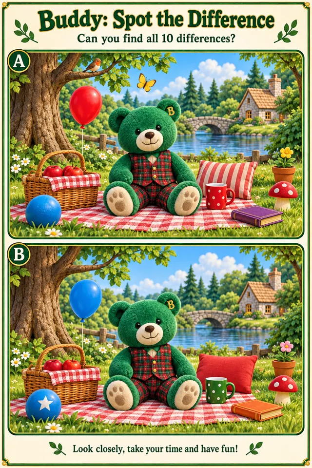 Two pictures of Buddy at a picnic by a river. Can you find all 10 differences?