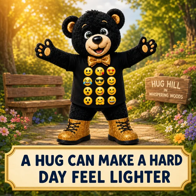 Hugston with arms wide open on Hug Hill in Whispering Woods: A hug can make a hard day feel lighter.