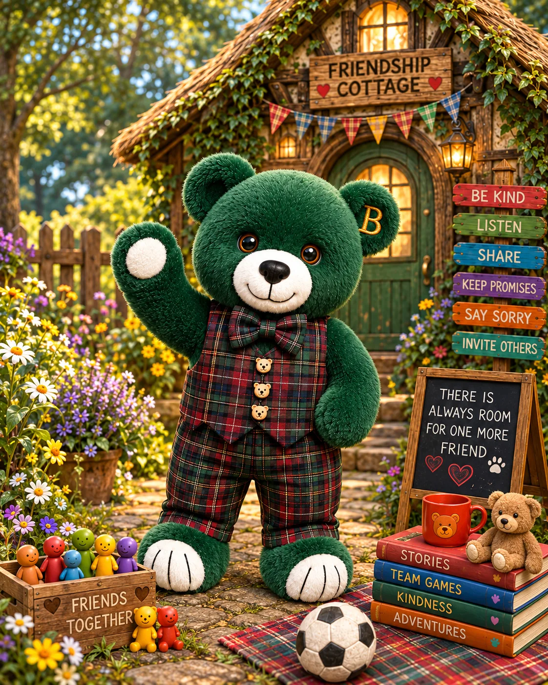 Buddy waving outside Friendship Cottage, beside signposts reading Be kind, Listen, Share, Keep promises, Say sorry and Invite others, and a blackboard reading There is always room for one more friend.