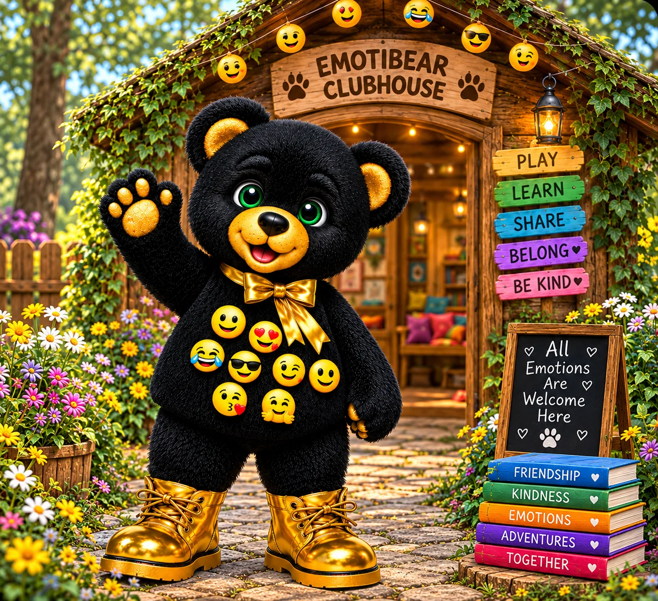 Hugston waving outside the Emotibear Clubhouse, beside signposts reading Play, Learn, Share, Belong and Be kind, and a blackboard reading All emotions are welcome here.