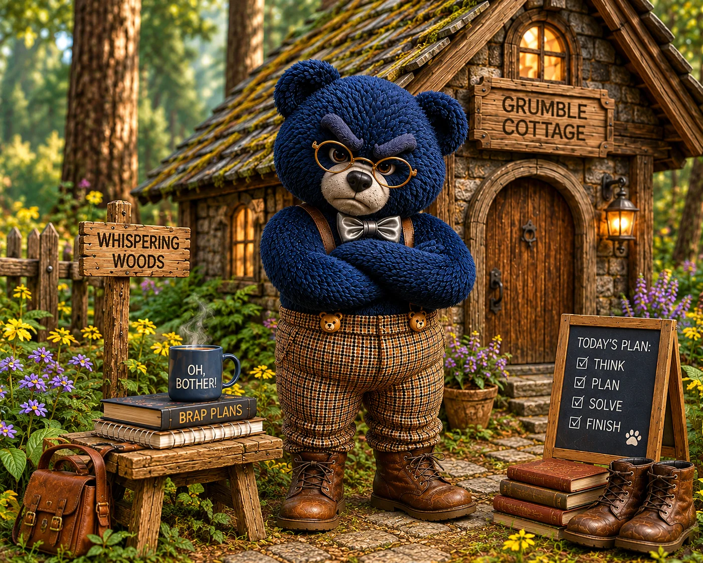 Scowlington with folded arms outside Grumble Cottage, beside a Whispering Woods signpost, a mug reading Oh, bother! and a blackboard headed Today's plan: Think, Plan, Solve, Finish.