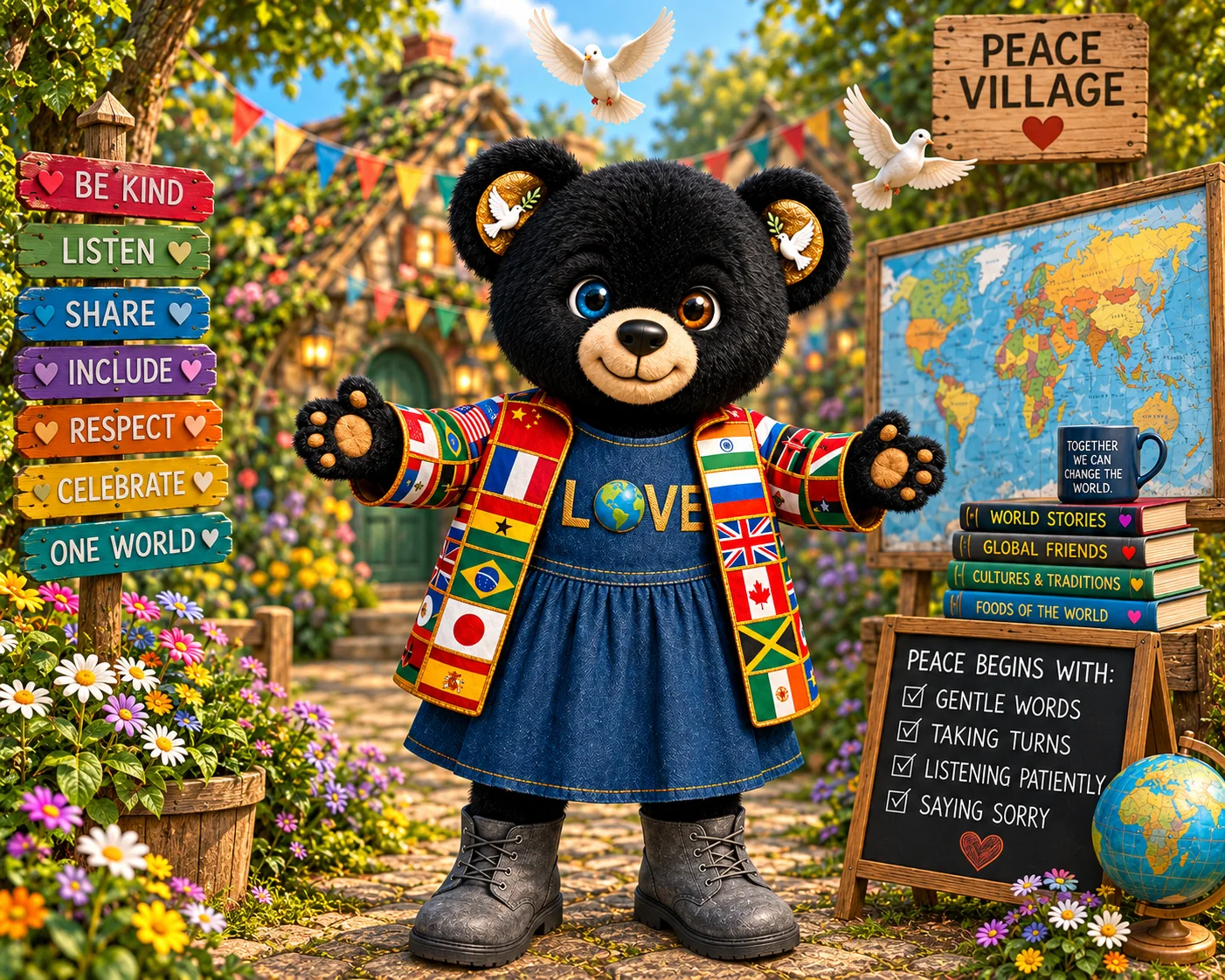 Unity in Peace Village wearing a flag sash and a World Love dress, beside signposts reading Be kind, Listen, Share, Include, Respect, Celebrate and One world, a world map, and a blackboard reading Peace begins with gentle words, taking turns, listening patiently and saying sorry.