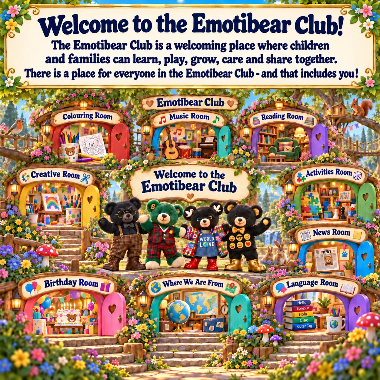 The Emotibear Club in Whispering Woods: Hugston, Buddy, Unity and Scowlington stand in the middle surrounded by room doorways - the Colouring Room, Music Room, Reading Room, Creative Room, Activities Room, News Room, Birthday Room, Where We Are From and the Language Room.