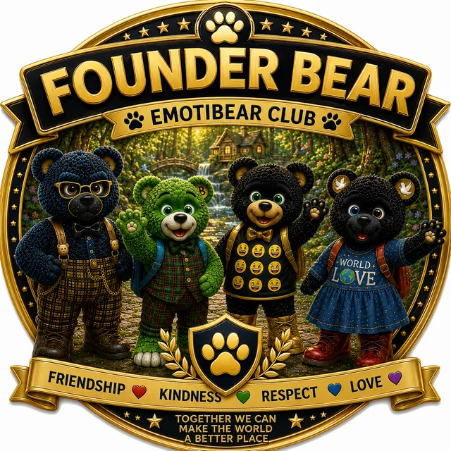 The Founder Bear badge: Hugston, Buddy, Scowlington and Unity under the words Founder Bear, Emotibear Club, with Friendship, Kindness, Respect, Love and Together we can make the world a better place.