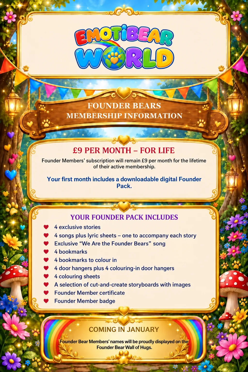 Emotibear World poster: Founder Bears membership information, set in Whispering Woods with bunting and lanterns. The wording is repeated in full beside this picture.