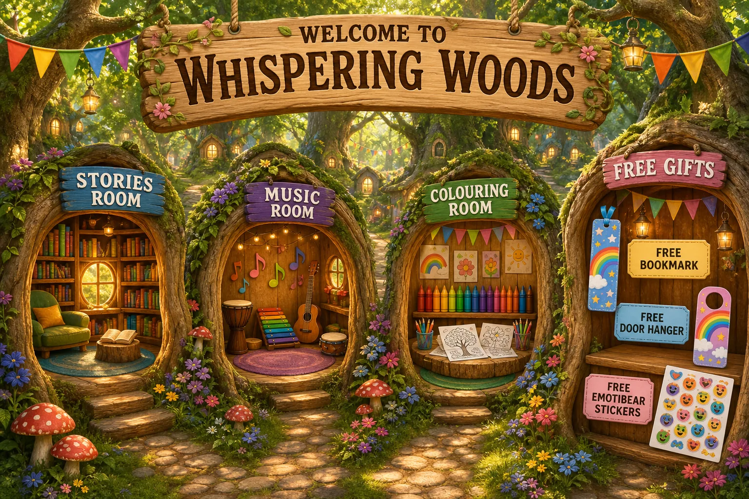 A Whispering Woods clearing with three tree-hollow doorways signposted Stories Room, Music Room and Colouring Room, and a Free Gifts stall offering a bookmark, a door hanger and Emotibear stickers.