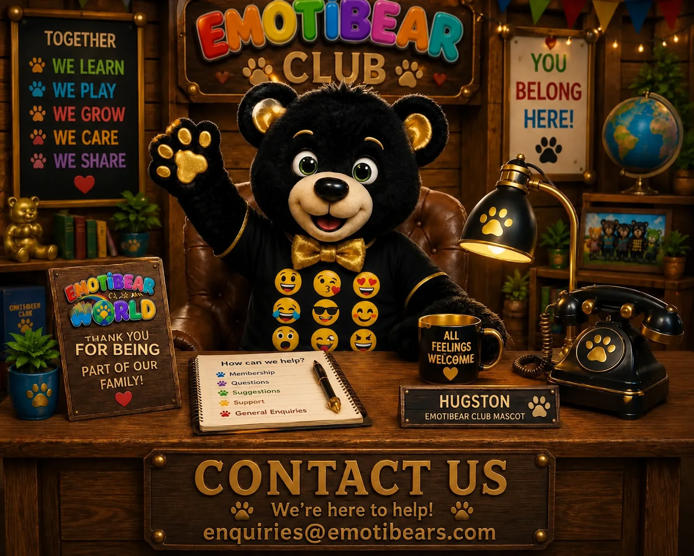 Hugston, the Emotibear Club mascot, waving from his desk beside a notepad headed “How can we help?”, a mug reading “All feelings welcome” and a sign reading “Contact us — we're here to help! enquiries@emotibears.com”