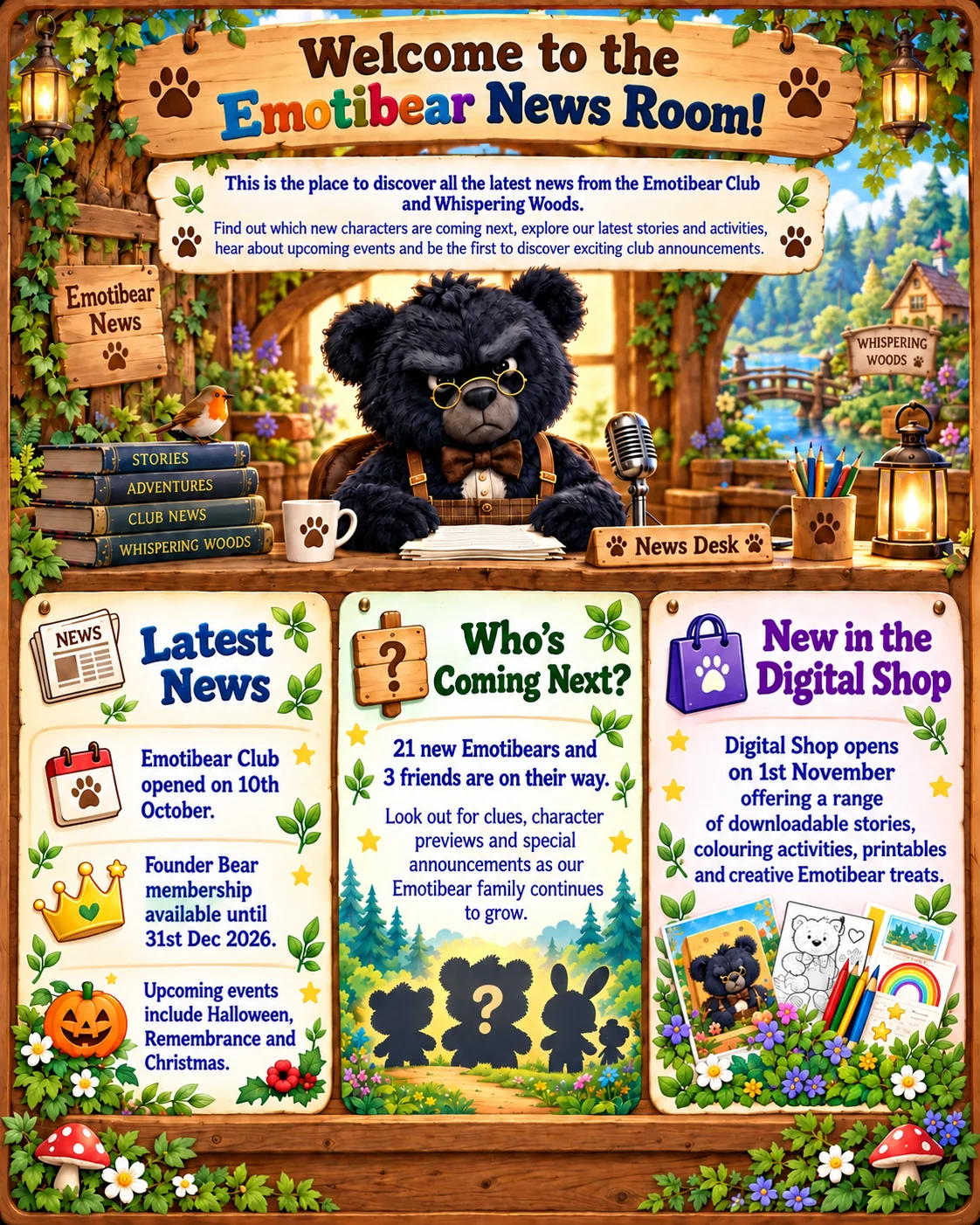 The October 2026 Emotibear News Sheet: Scowlington at the News Desk in Whispering Woods, with panels headed Latest News, Who’s Coming Next? and New in the Digital Shop.