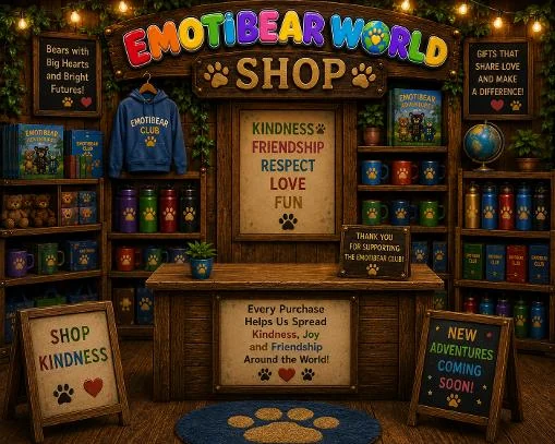 The Emotibear shop: shelves of bear toys, mugs, books and hoodies around a wooden counter, with signs reading kindness, friendship, respect, love and fun